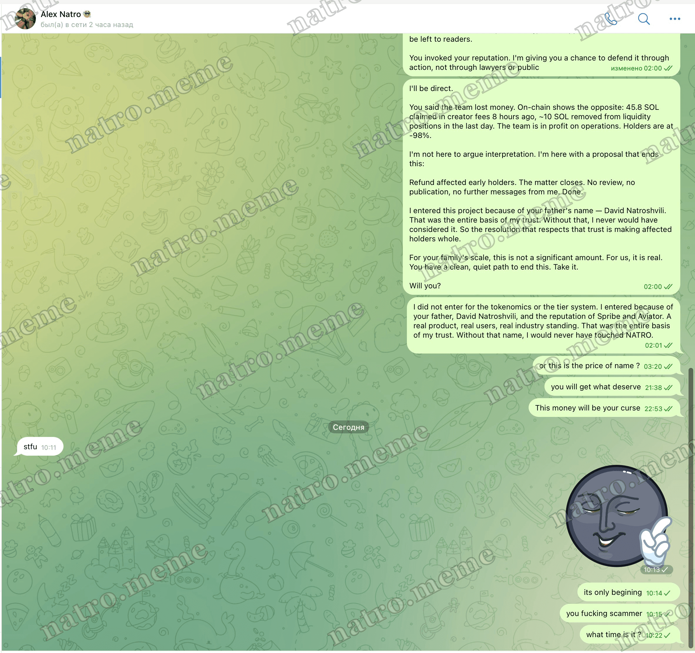 "stfu." — Alex Natroshvili, 25 May 10:11 — Telegram DM — @natroalex1 (verified)