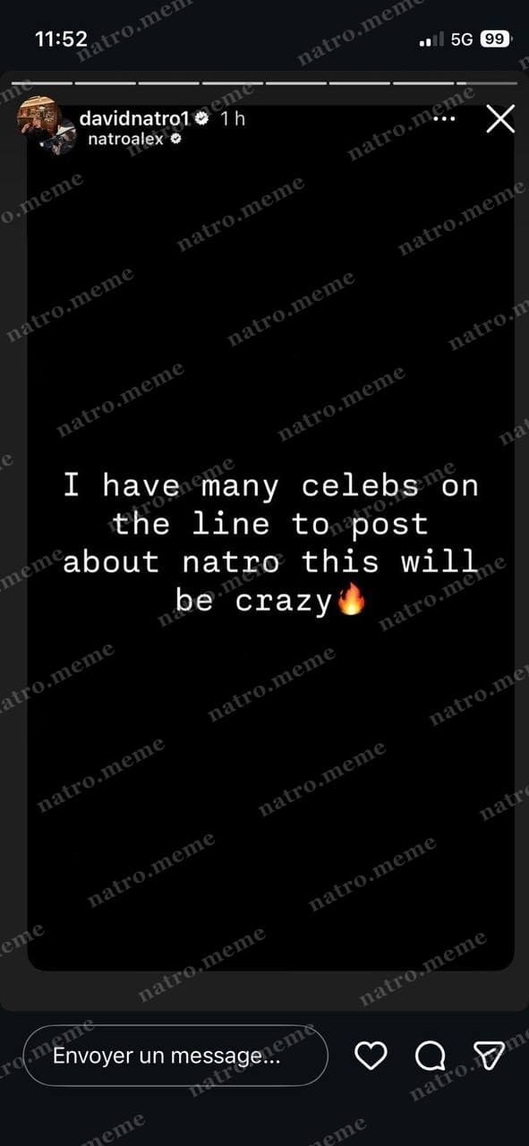 "I have many celebs on the line to post about natro this will be crazy🔥" — David Natroshvili — Instagram Story · @davidnatro1 (verified) · @natroalex tagged · pre-launch