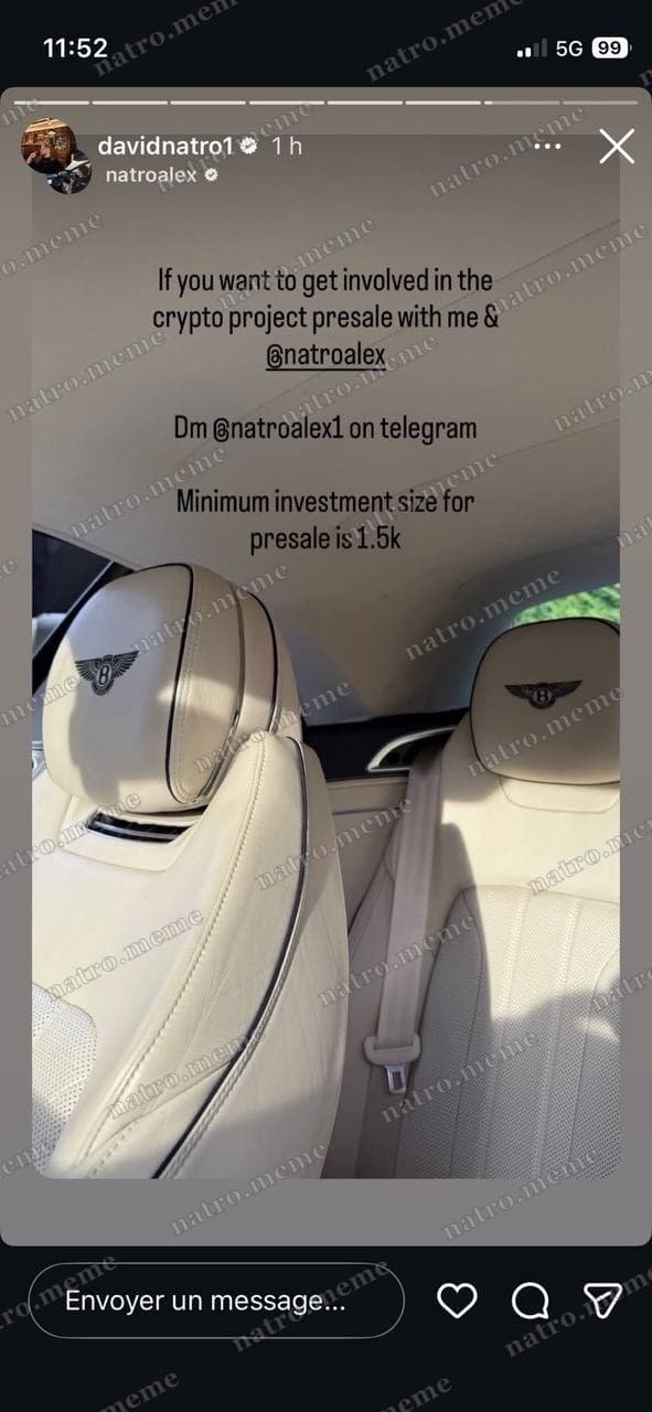 "Get involved in the crypto project presale with me & @natroalex / DM @natroalex1 / 1.5k min" — David Natroshvili — Instagram Story · @davidnatro1 (verified) · @natroalex tagged · pre-launch