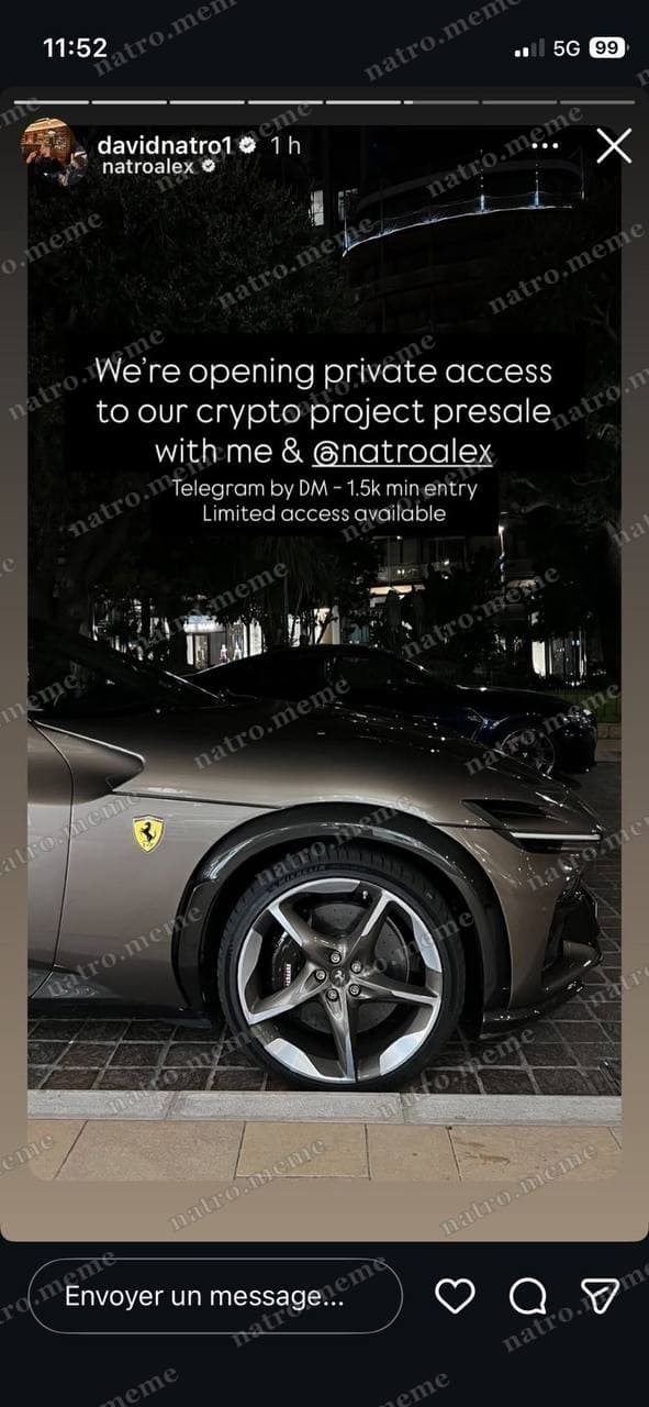 "We're opening private access to our crypto project presale with me & @natroalex / Telegram by DM · 1.5k min entry · Limited access available" — David Natroshvili — Instagram Story · @davidnatro1 (verified) · @natroalex tagged · pre-launch