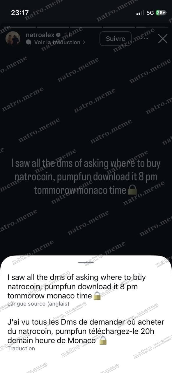 "pumpfun download it 8pm tomorrow monaco time" — Alex Natroshvili — Instagram Story · @natroalex (verified) · pre-launch (Pump.fun launch announcement)