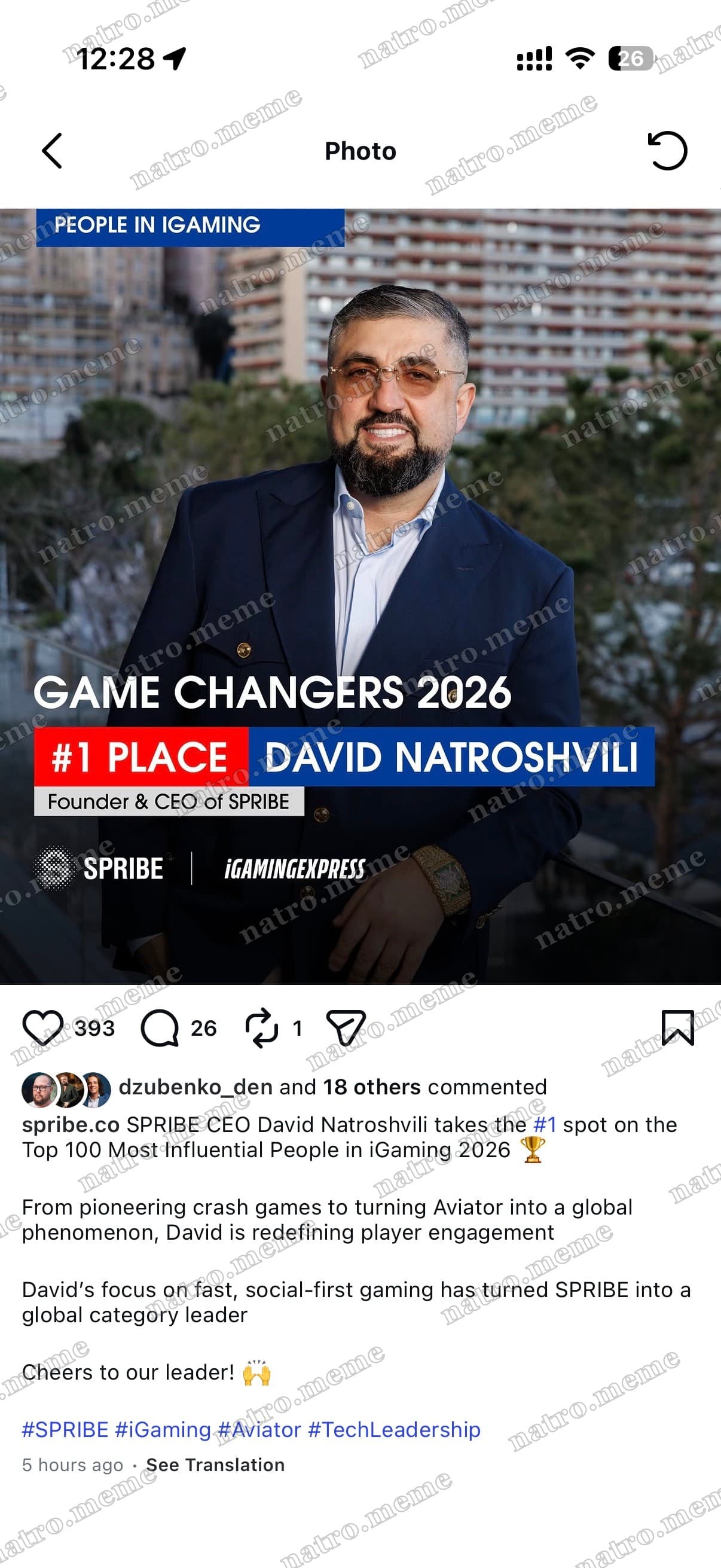 Game Changers 2026 — #1 Place: David Natroshvili, Founder & CEO of SPRIBE. "Top 100 Most Influential People in iGaming," iGamingExpress, posted by @spribe.co.